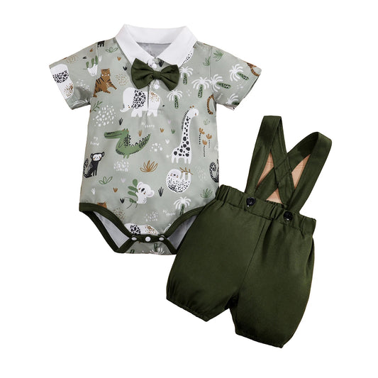 2PCS  Newborn Baby Boys Clothes Set Infant Short Sleeve Gentleman Overall Bodysuit Romper Suspenders Pants Outfits 0-18M